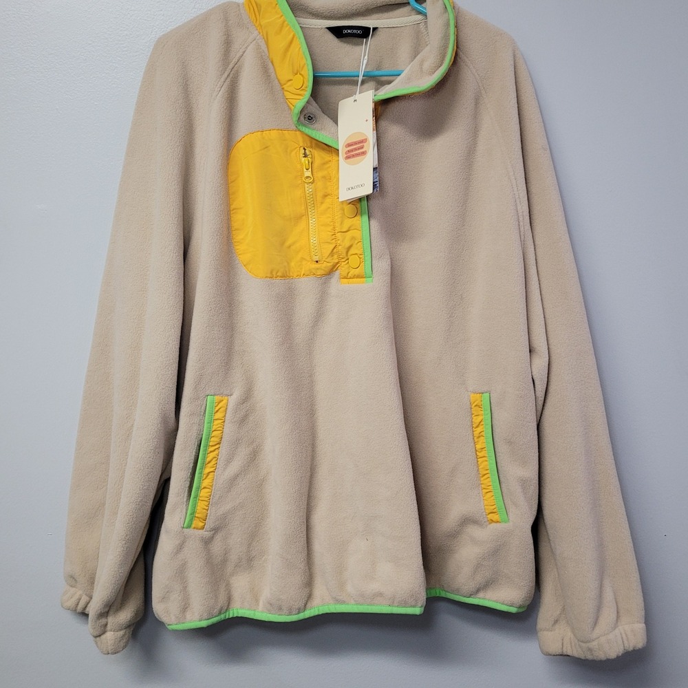 Dokotoo Womens 2XL Fleece Pullover Jacket Beige Yellow Green Mock Neck Tags